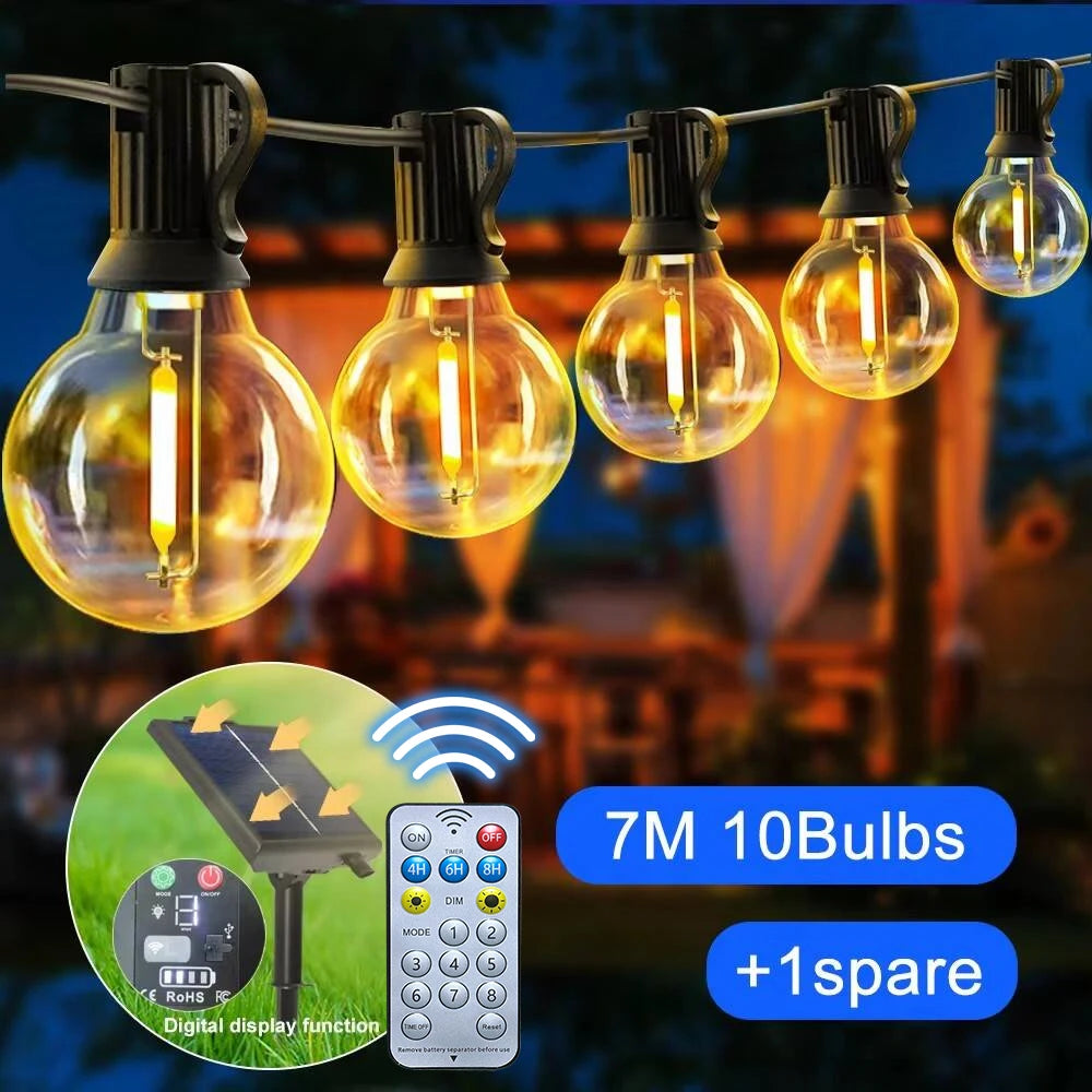 Glow Solar Festoon String Lights | G40 Shatterproof Patio Lights with Remote