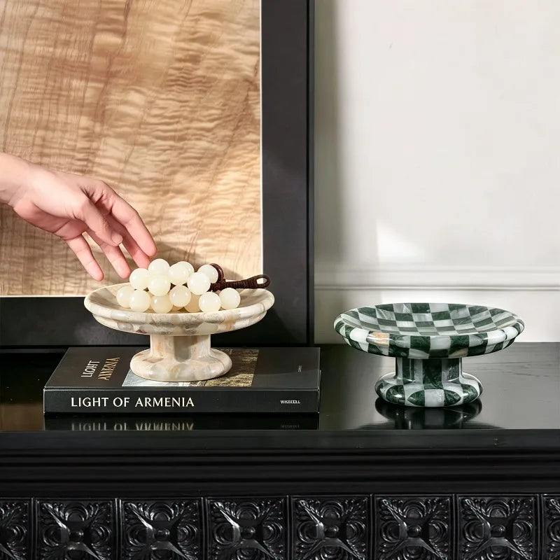 Checkerboard Stone Pedestal Plate | Handmade Marble Serving Stand