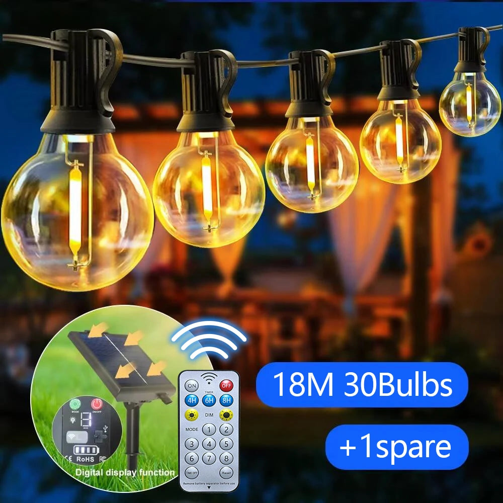 Glow Solar Festoon String Lights | G40 Shatterproof Patio Lights with Remote