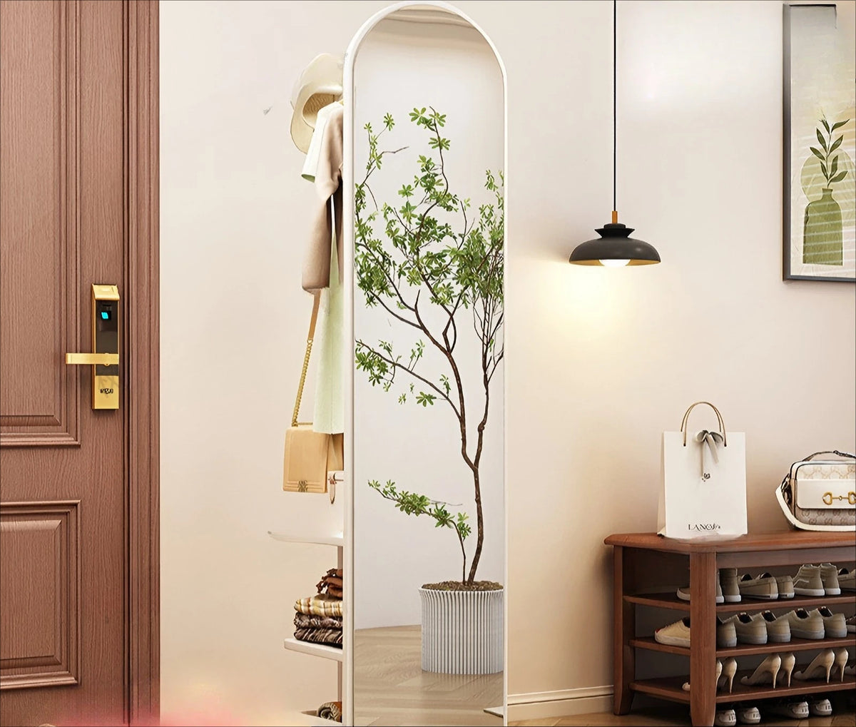 Oakline 360° Standing Mirror | Solid Wood Rotating Mirror with Hooks & Shelf