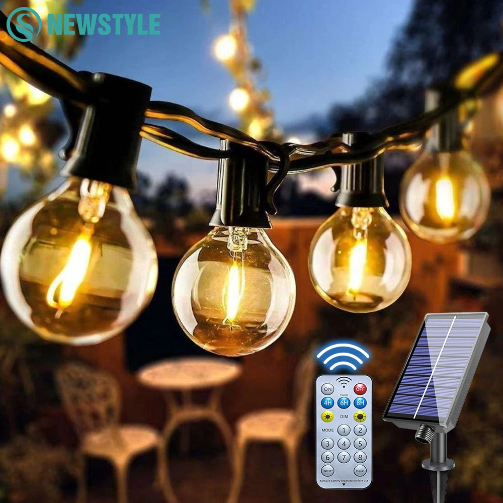 Glow Solar Festoon String Lights | G40 Shatterproof Patio Lights with Remote
