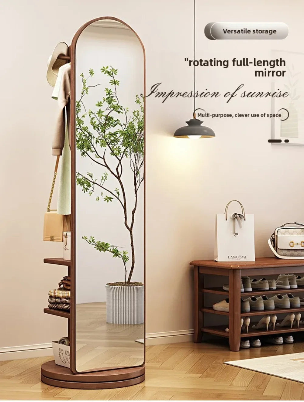 Oakline 360° Standing Mirror | Solid Wood Rotating Mirror with Hooks & Shelf
