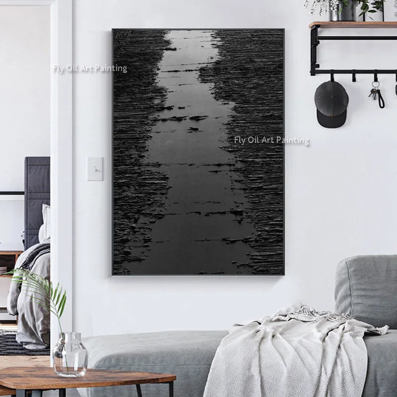 Noir Textured Abstract Painting | Hand-Painted Black & Grey Canvas