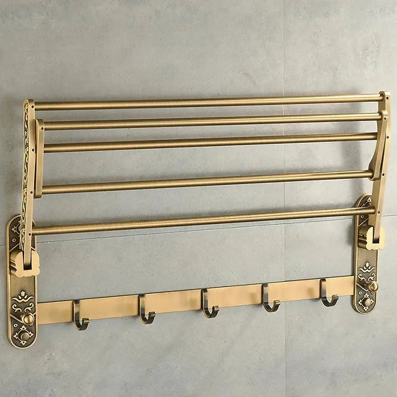 Heritage Folding Towel Shelf | Antique Brass Towel Rack with Hooks