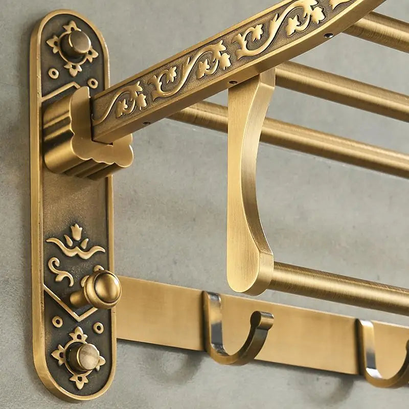 Heritage Folding Towel Shelf | Antique Brass Towel Rack with Hooks