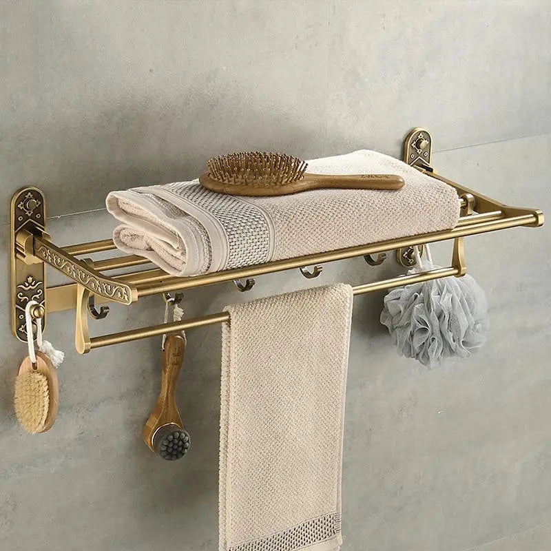 Heritage Folding Towel Shelf | Antique Brass Towel Rack with Hooks