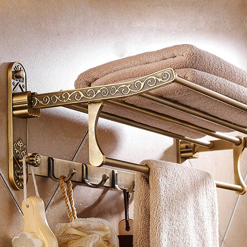 Heritage Folding Towel Shelf | Antique Brass Towel Rack with Hooks
