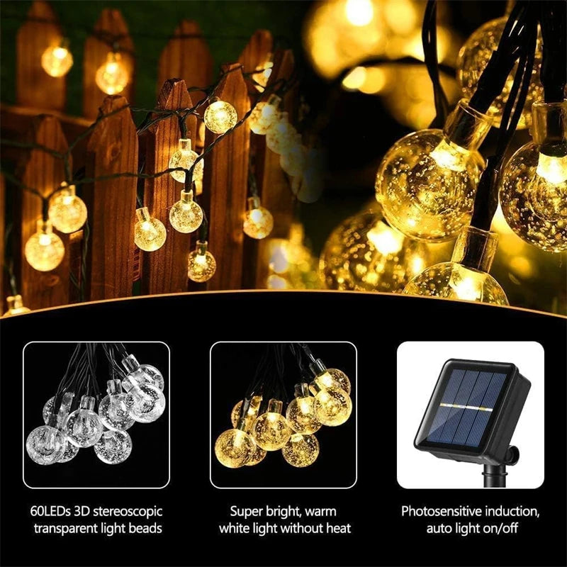 DewDrop Solar Lights | Crystal Globe String Lights, 8 Modes
