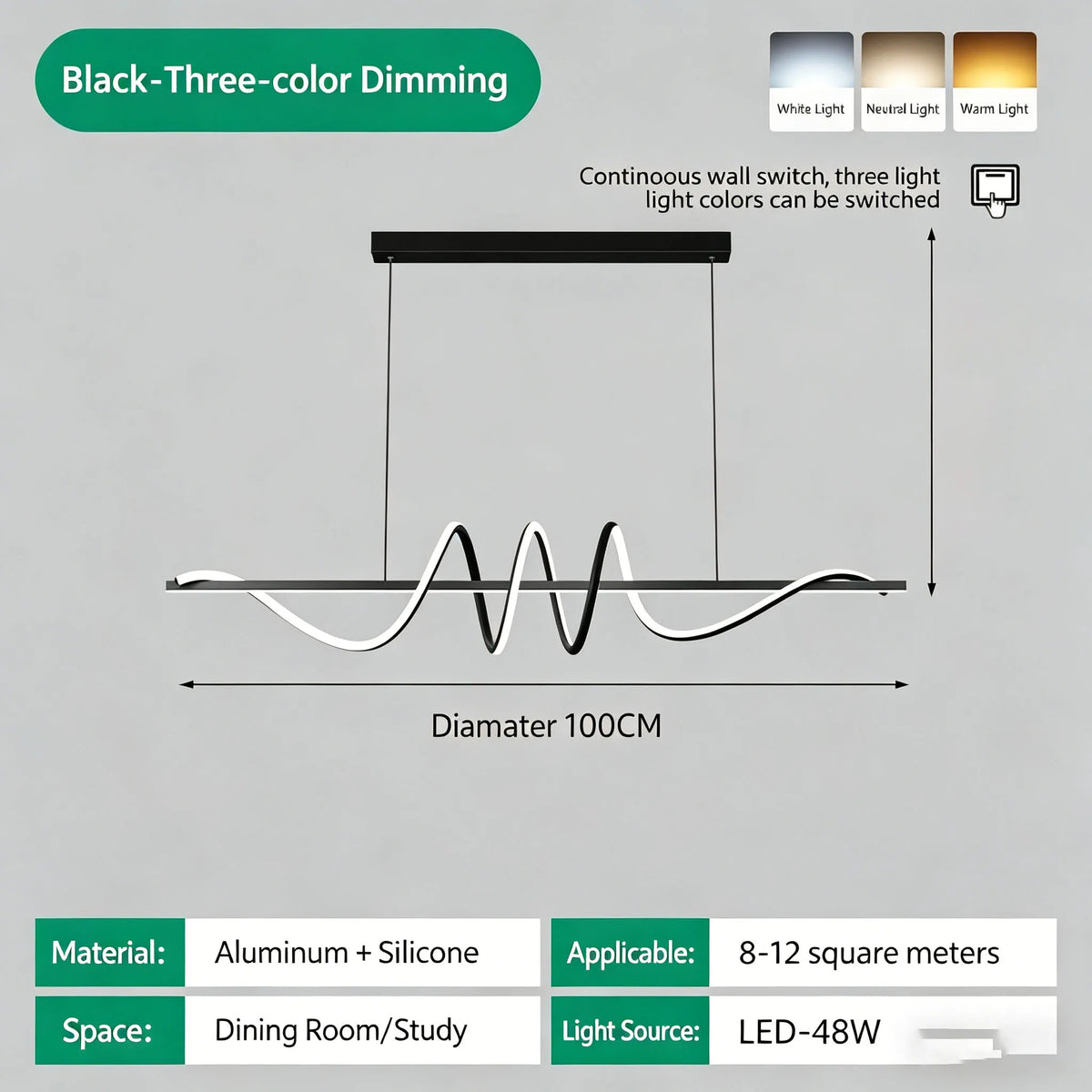 Ribbon LED Pendant | Modern Wave Dining Light, 100 or 120 cm