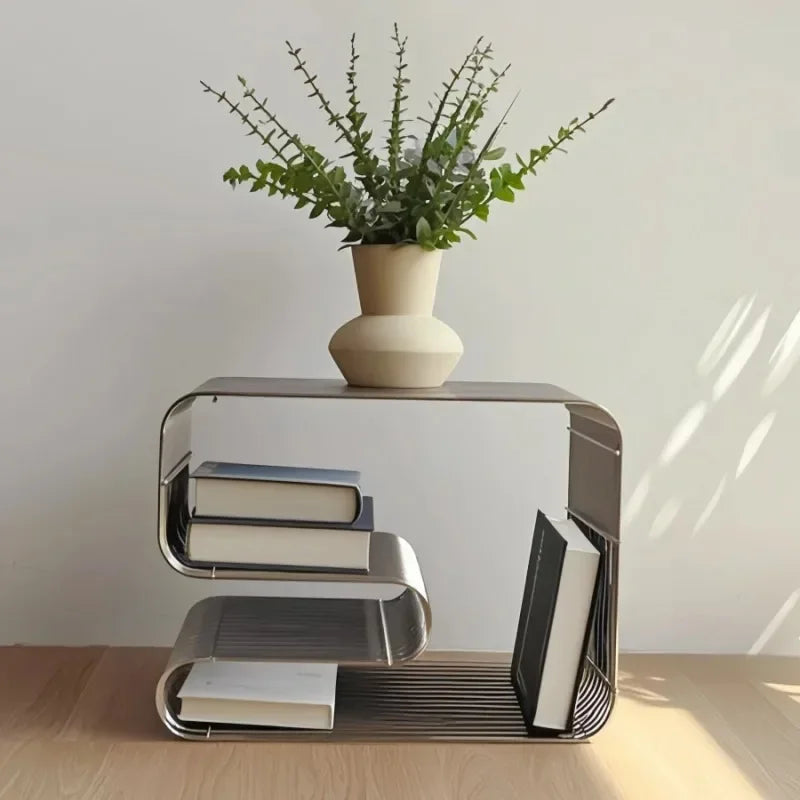 Arc Metal Side Table | Minimalist Bent Steel Accent Table with Shelf