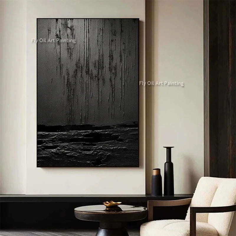 Noir Textured Abstract Painting | Hand-Painted Black & Grey Canvas