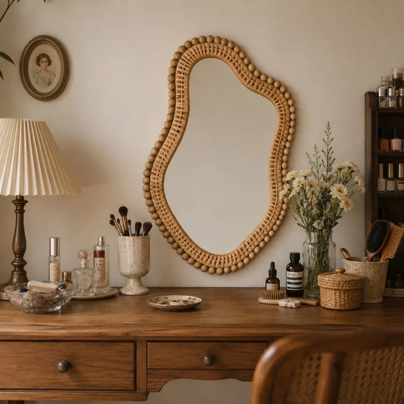 Ripple Rattan Wall Mirror | Wavy Asymmetric Woven Frame Mirror