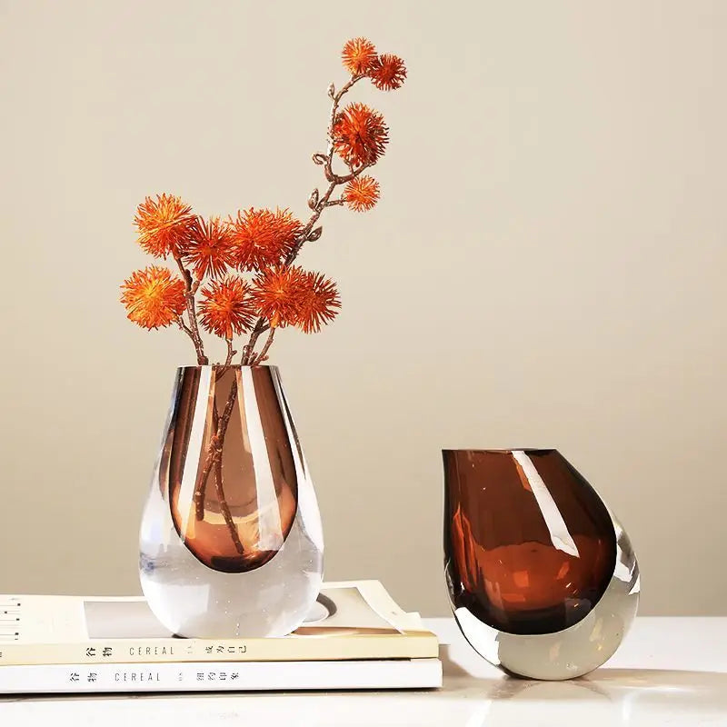 Amber Art Glass Vase | Minimal Two-Tone Glass Flower Vase