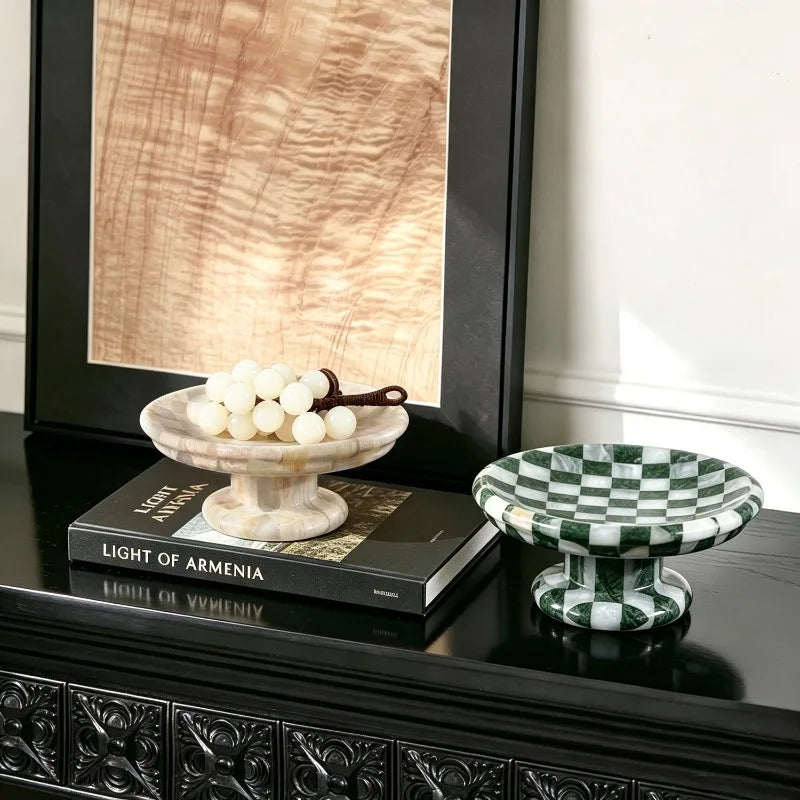 Checkerboard Stone Pedestal Plate | Handmade Marble Serving Stand