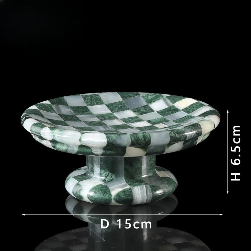 Checkerboard Stone Pedestal Plate | Handmade Marble Serving Stand