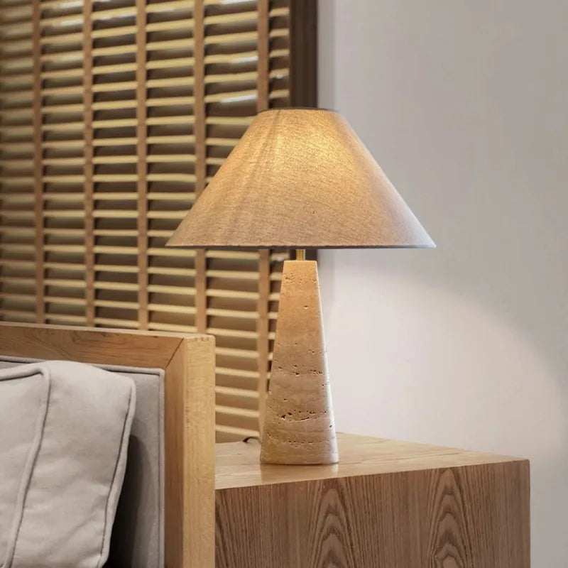 Sable Travertine Table Lamp | Stone Base Lamp with Linen Shade